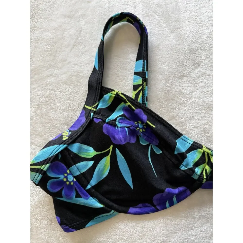 VTG NWT Catalina Floral Bikini Set Black Blue Tropical High Waist Size M/1X (XL)